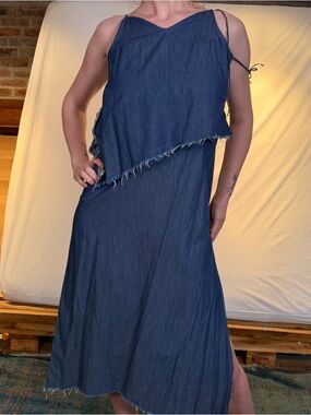Navy Blue Denim-Effect Midi Dress with Raw-Edge Overlay